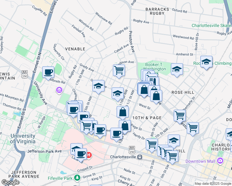 map of restaurants, bars, coffee shops, grocery stores, and more near 1200 Gordon Avenue in Charlottesville