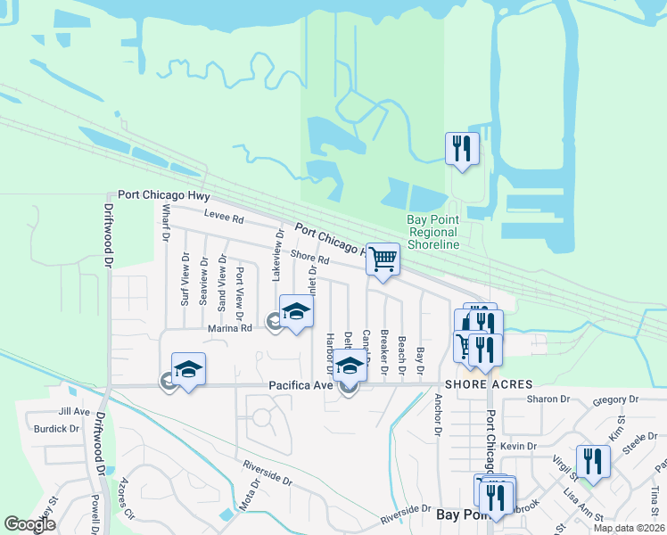 map of restaurants, bars, coffee shops, grocery stores, and more near 271 Shore Road in Bay Point