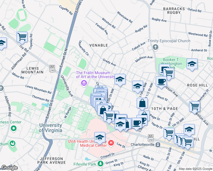 map of restaurants, bars, coffee shops, grocery stores, and more near Virginia Avenue in Charlottesville