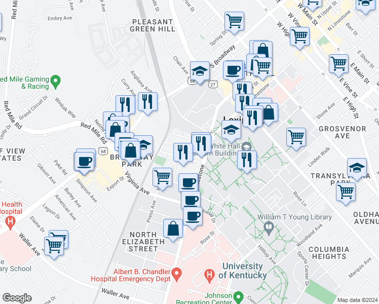 map of restaurants, bars, coffee shops, grocery stores, and more near 138 Montmullin Street in Lexington