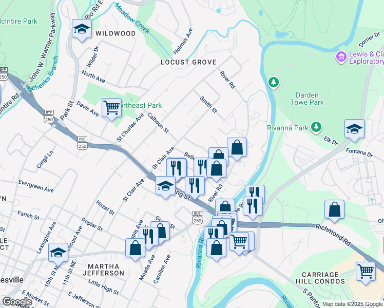 map of restaurants, bars, coffee shops, grocery stores, and more near 1215 Belleview Avenue in Charlottesville