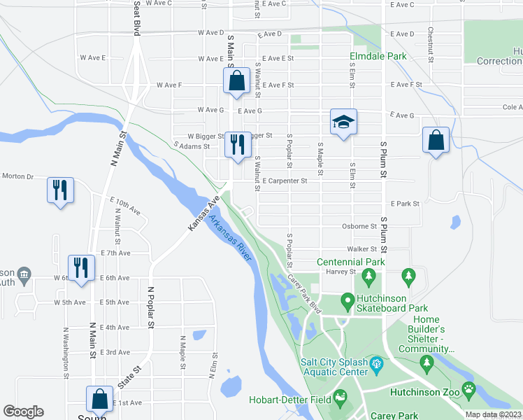 map of restaurants, bars, coffee shops, grocery stores, and more near 1112 South Walnut Street in Hutchinson
