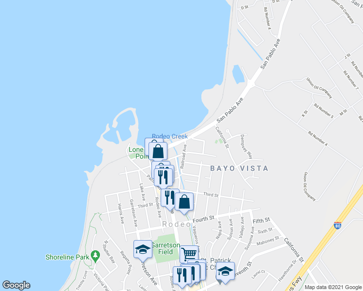 map of restaurants, bars, coffee shops, grocery stores, and more near 6 Railroad Ave in Rodeo