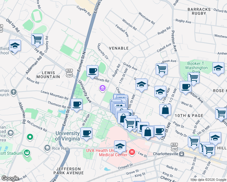 map of restaurants, bars, coffee shops, grocery stores, and more near 167 Chancellor Street in Charlottesville