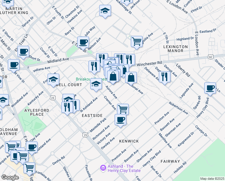 map of restaurants, bars, coffee shops, grocery stores, and more near 815 Aurora Avenue in Lexington