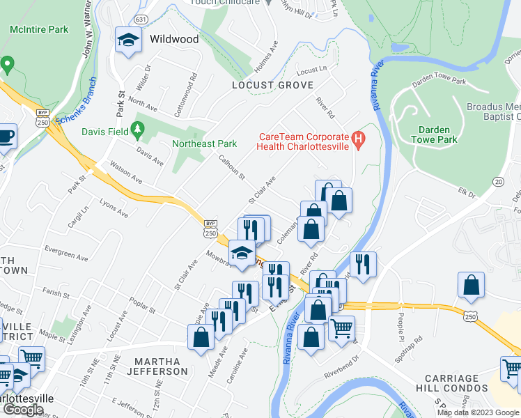 map of restaurants, bars, coffee shops, grocery stores, and more near 1206 Belleview Avenue in Charlottesville