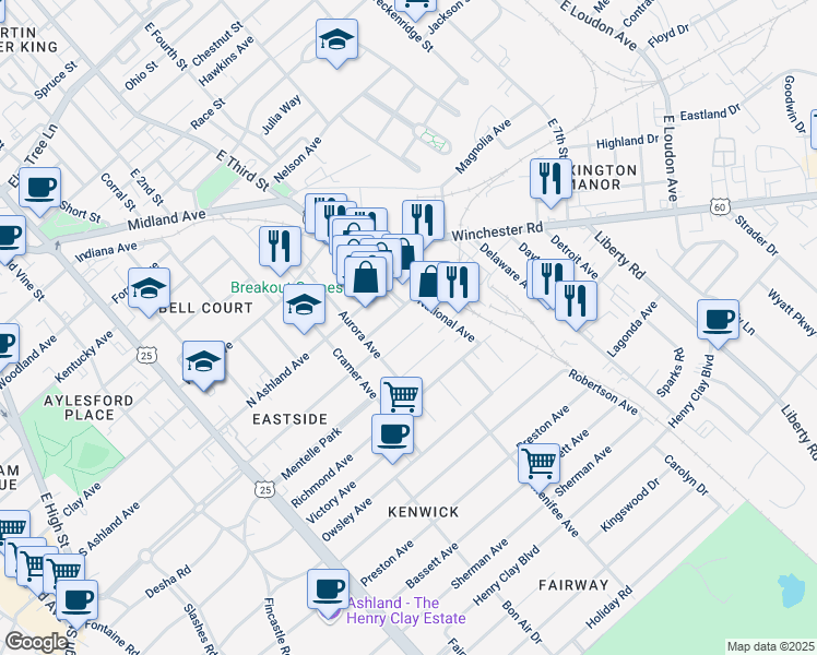map of restaurants, bars, coffee shops, grocery stores, and more near 321 Hanover Court in Lexington