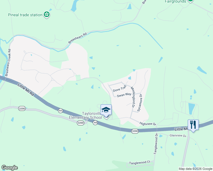 map of restaurants, bars, coffee shops, grocery stores, and more near 265 Swan Way in Taylorsville