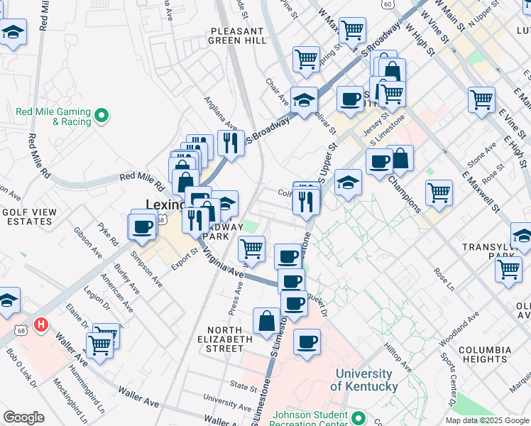 map of restaurants, bars, coffee shops, grocery stores, and more near 175 Prall Street in Lexington