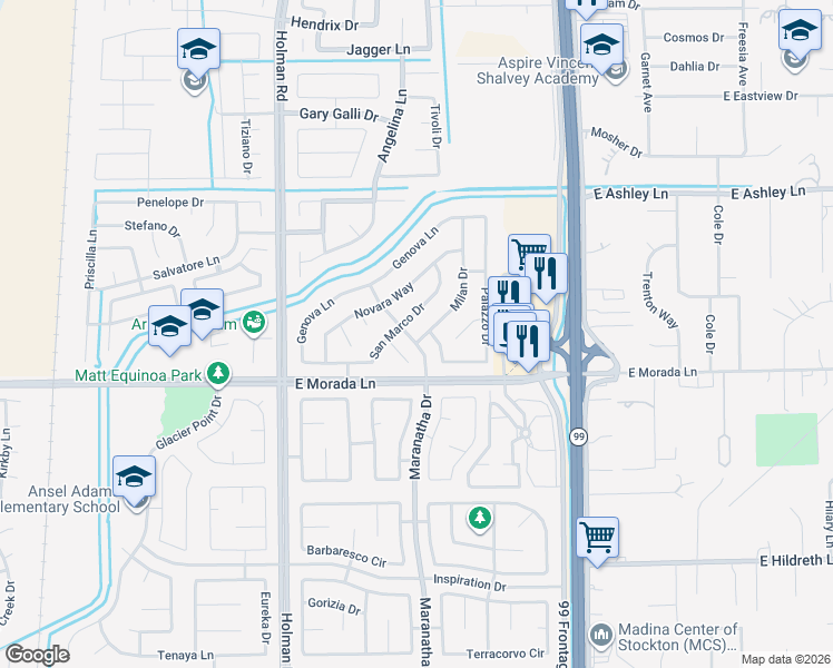 map of restaurants, bars, coffee shops, grocery stores, and more near 9511 Milan Drive in Stockton