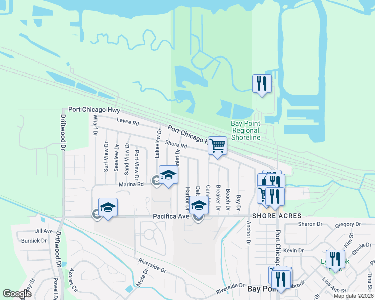 map of restaurants, bars, coffee shops, grocery stores, and more near 271 Shore Road in Bay Point