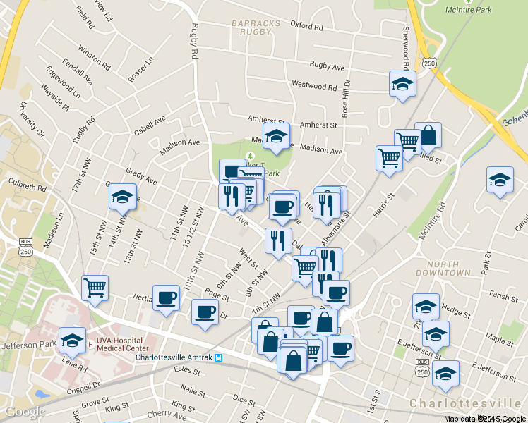 map of restaurants, bars, coffee shops, grocery stores, and more near 629 Booker Street in Charlottesville