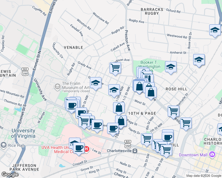 map of restaurants, bars, coffee shops, grocery stores, and more near 1200 Gordon Avenue in Charlottesville