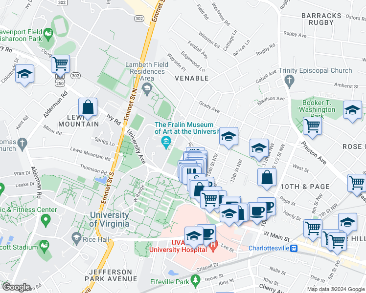 map of restaurants, bars, coffee shops, grocery stores, and more near 167 Chancellor Street in Charlottesville