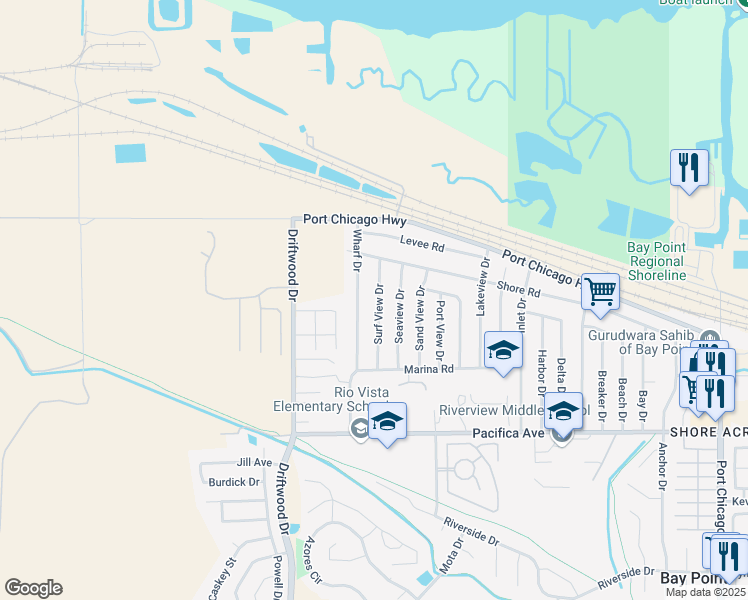 map of restaurants, bars, coffee shops, grocery stores, and more near 32 Wharf Drive in Bay Point