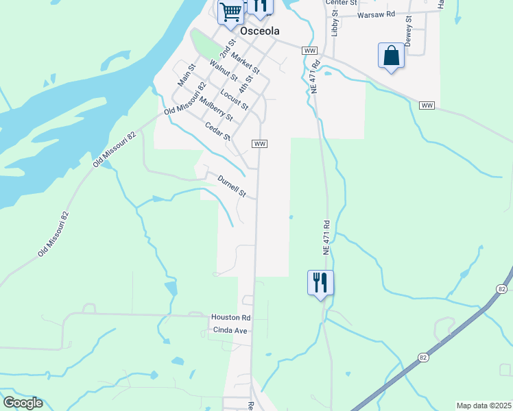 map of restaurants, bars, coffee shops, grocery stores, and more near 836 State Highway WW in Osceola