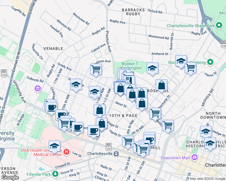 map of restaurants, bars, coffee shops, grocery stores, and more near 1002 Grady Avenue in Charlottesville