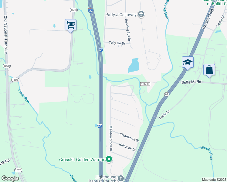 map of restaurants, bars, coffee shops, grocery stores, and more near 114 Meadowbrook Circle in Shepherdsville