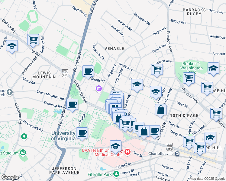 map of restaurants, bars, coffee shops, grocery stores, and more near 167 Chancellor Street in Charlottesville