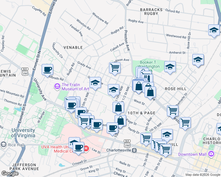 map of restaurants, bars, coffee shops, grocery stores, and more near 1201 Gordon Avenue in Charlottesville