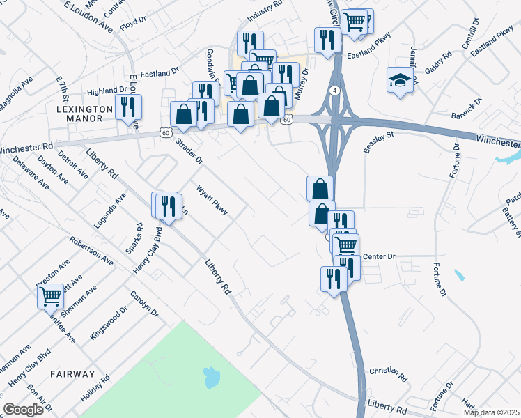 map of restaurants, bars, coffee shops, grocery stores, and more near 1671 Strader Drive in Lexington
