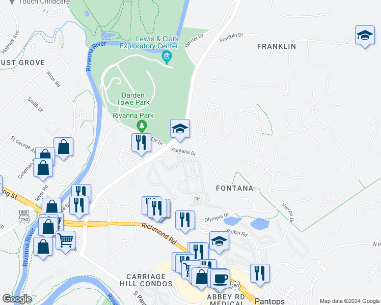 map of restaurants, bars, coffee shops, grocery stores, and more near 1501 Delphi Drive in Charlottesville