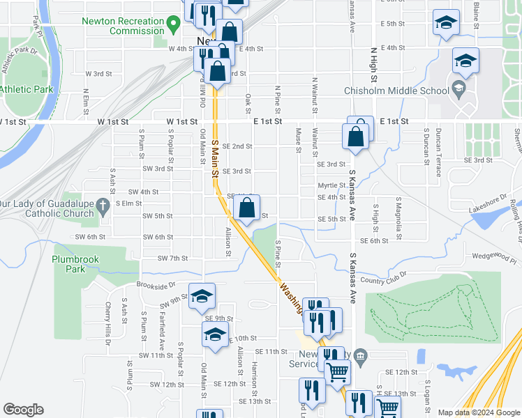 map of restaurants, bars, coffee shops, grocery stores, and more near 304 Southeast 5th Street in Newton