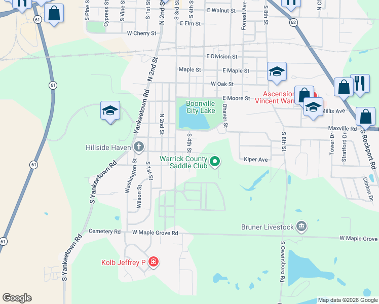 map of restaurants, bars, coffee shops, grocery stores, and more near 201 Columbia Street in Boonville