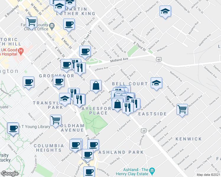 map of restaurants, bars, coffee shops, grocery stores, and more near 531 E Main St in Lexington