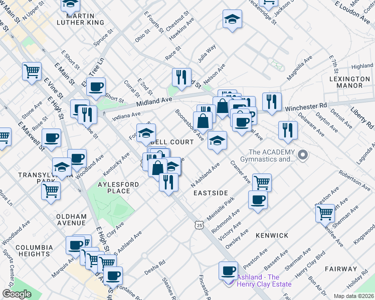 map of restaurants, bars, coffee shops, grocery stores, and more near 176 Walton Avenue in Lexington
