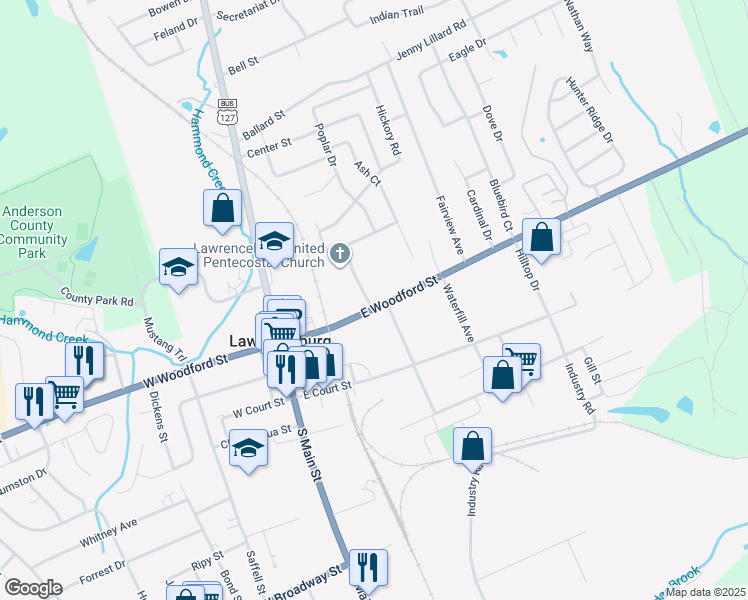 map of restaurants, bars, coffee shops, grocery stores, and more near 241 East Woodford Street in Lawrenceburg
