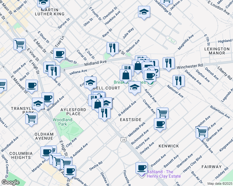 map of restaurants, bars, coffee shops, grocery stores, and more near 165 Walton Avenue in Lexington