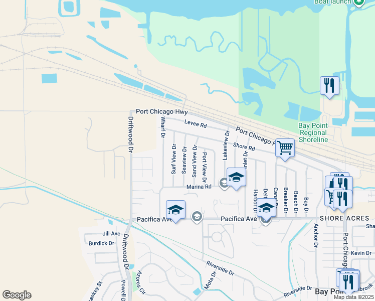 map of restaurants, bars, coffee shops, grocery stores, and more near 20 Seaview Drive in Bay Point