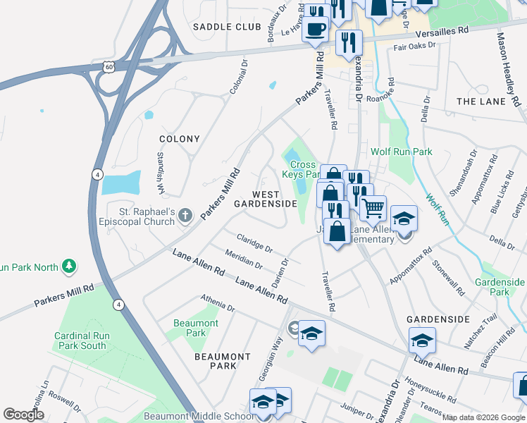 map of restaurants, bars, coffee shops, grocery stores, and more near 1685 Linstead Drive in Lexington