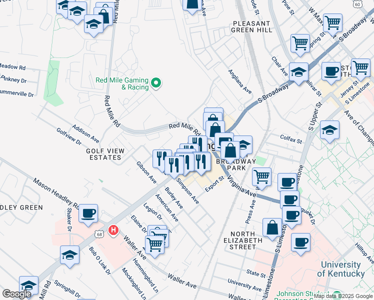 map of restaurants, bars, coffee shops, grocery stores, and more near 1057 South Broadway in Lexington