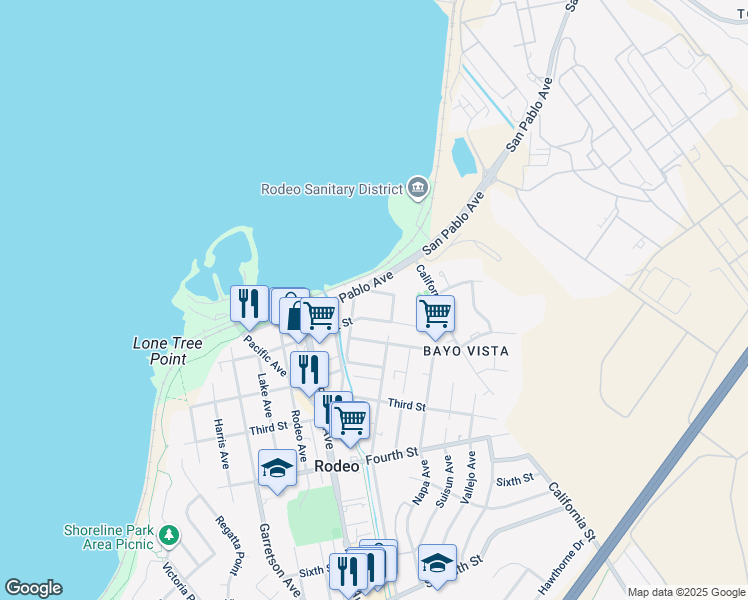 map of restaurants, bars, coffee shops, grocery stores, and more near 745 San Pablo Avenue in Rodeo