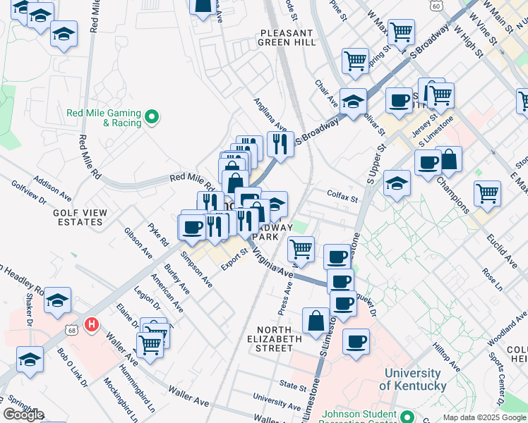 map of restaurants, bars, coffee shops, grocery stores, and more near 349 South Broadway Park in Lexington