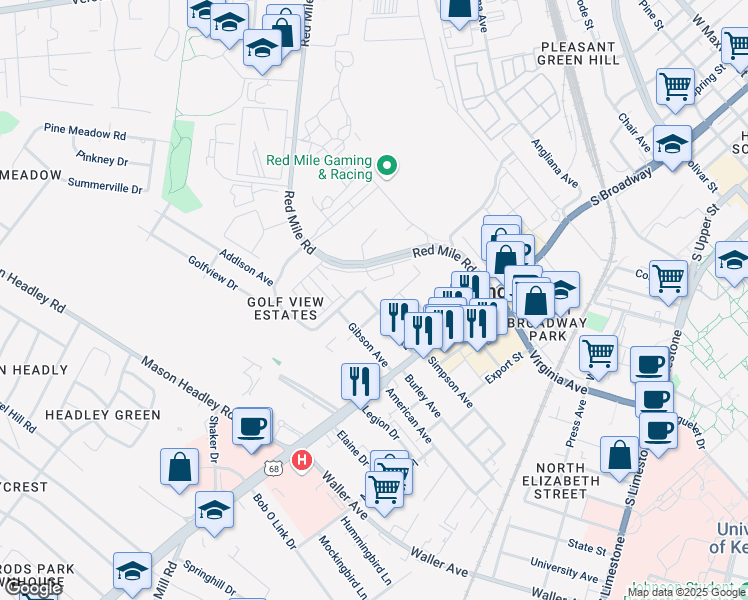 map of restaurants, bars, coffee shops, grocery stores, and more near 505 Pyke Road in Lexington