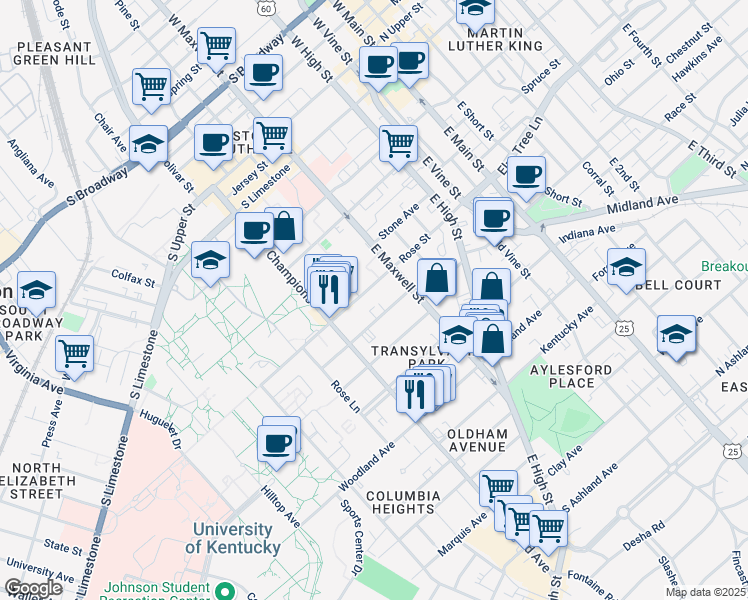 map of restaurants, bars, coffee shops, grocery stores, and more near 324 Rose Street in Lexington