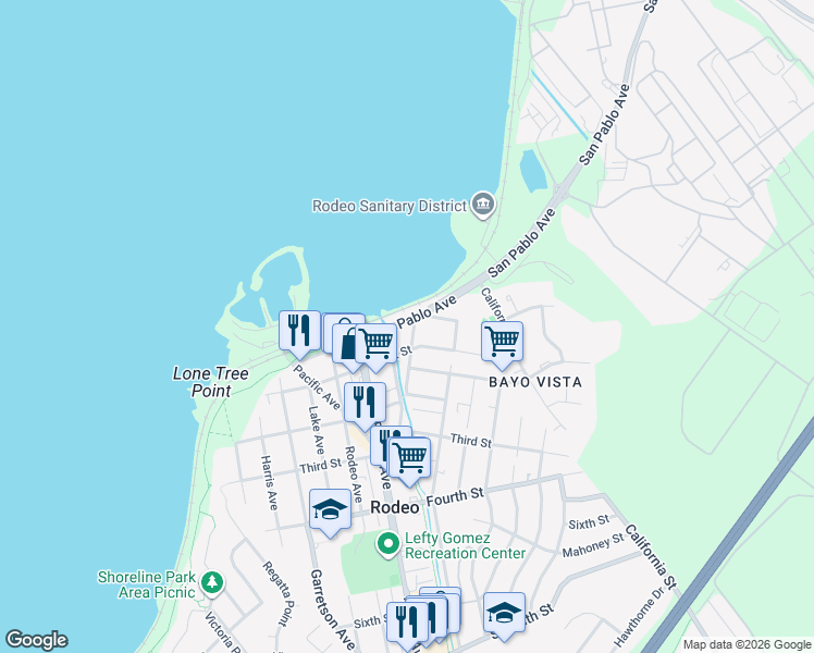 map of restaurants, bars, coffee shops, grocery stores, and more near 2 Railroad Avenue in Rodeo