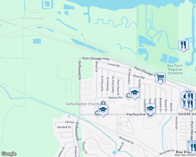 map of restaurants, bars, coffee shops, grocery stores, and more near 32 Wharf Drive in Bay Point