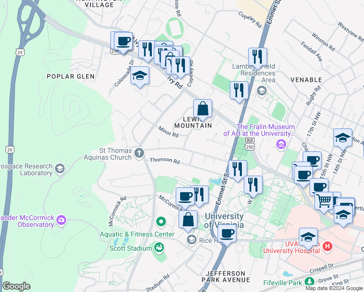 map of restaurants, bars, coffee shops, grocery stores, and more near 1949 Lewis Mountain Road in Charlottesville