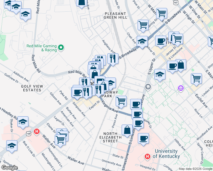 map of restaurants, bars, coffee shops, grocery stores, and more near 349 South Broadway Park in Lexington