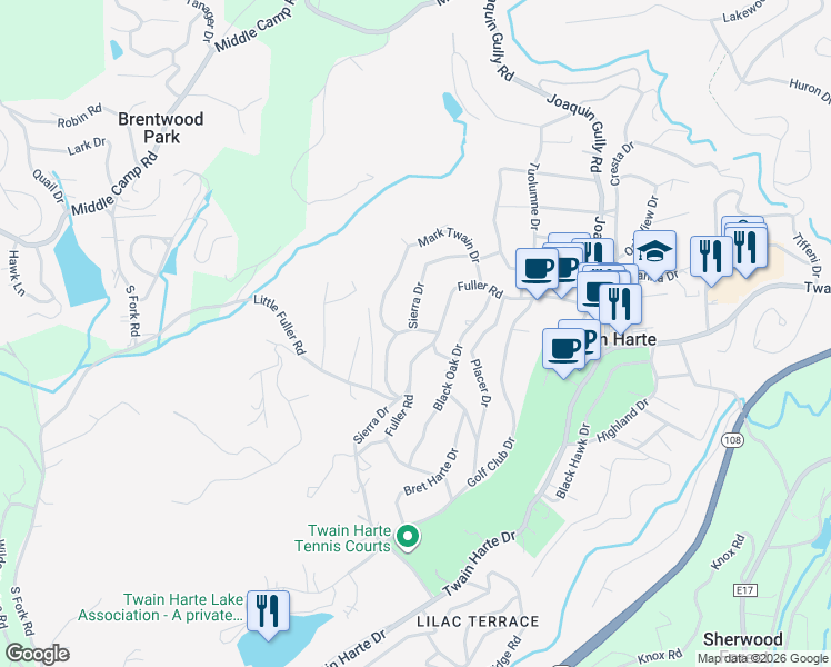 map of restaurants, bars, coffee shops, grocery stores, and more near 18401 Pine View Drive in Twain Harte