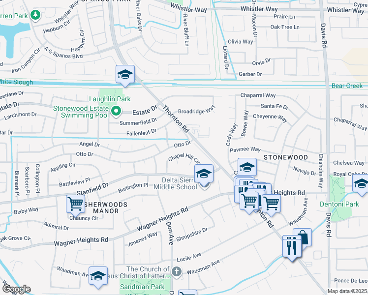 map of restaurants, bars, coffee shops, grocery stores, and more near 2316 Otto Drive in Stockton