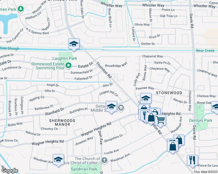 map of restaurants, bars, coffee shops, grocery stores, and more near 2316 Otto Drive in Stockton