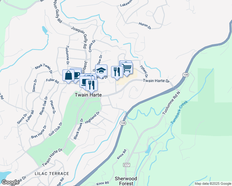 map of restaurants, bars, coffee shops, grocery stores, and more near Twain Harte Dr & Tiffeni Dr in Twain Harte