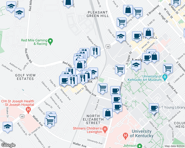 map of restaurants, bars, coffee shops, grocery stores, and more near 360 Bucoto Court in Lexington