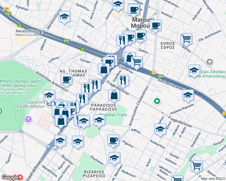 map of restaurants, bars, coffee shops, grocery stores, and more near in Athina