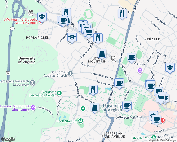 map of restaurants, bars, coffee shops, grocery stores, and more near 1962-1964 Lewis Mountain Road in Charlottesville